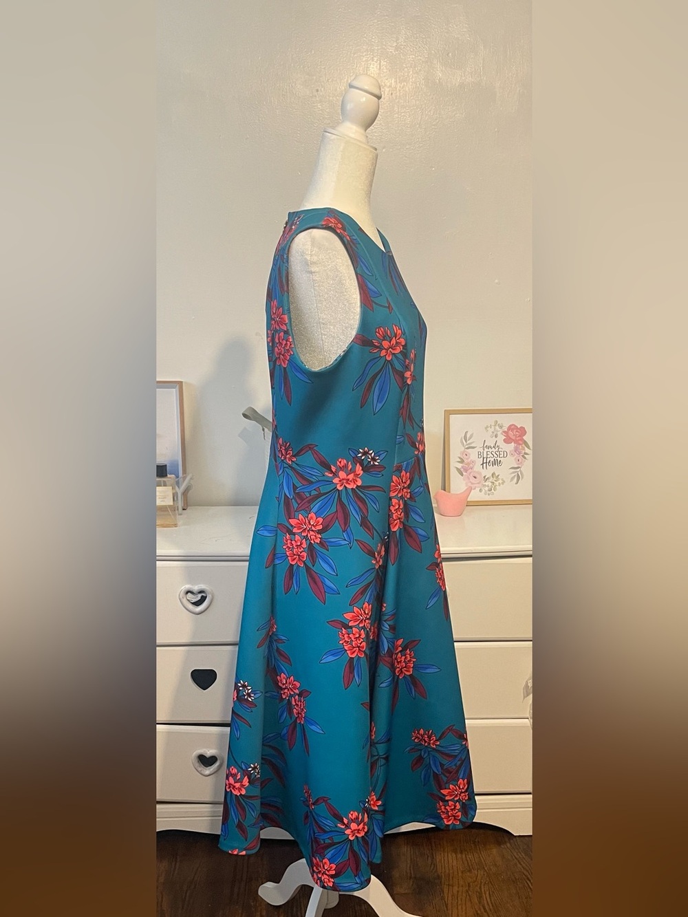 Calvin Klein  elegant Teal Floral V-Neck Sleeveless Maxi Dress size 14 - Picture 5 of 15